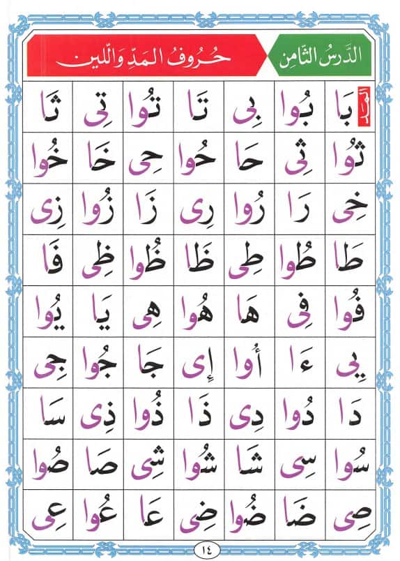 Noorani Qaida lesson 8, page 14, Stretched Madd Vowels & Soft Lin Letters (و ي)