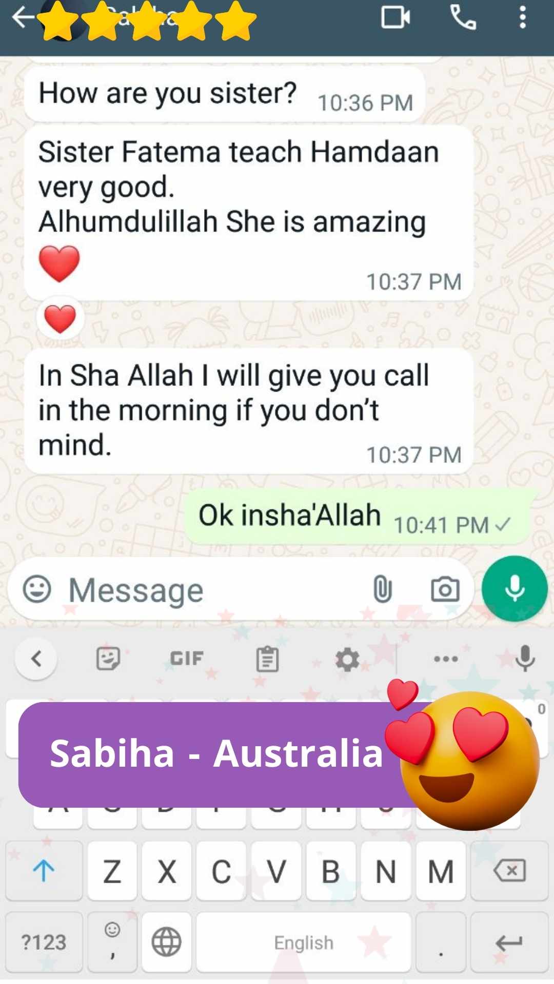 Sabiha Australia WhatsApp Review