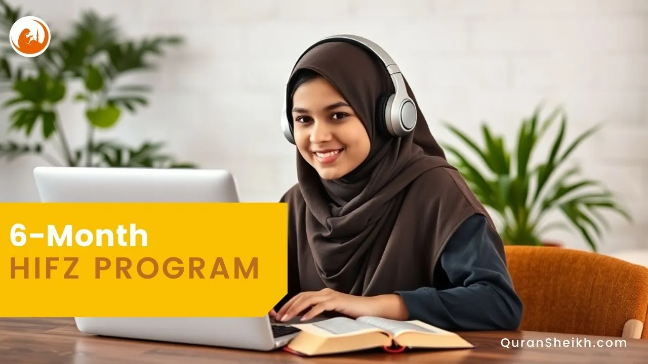 6-Month Quran Hifz Program: Structured Memorization & Daily Progress Student memorizing Quran with digital tools and notebook, illustrating the 6-Month Quran Hifz Program’s structured daily schedule