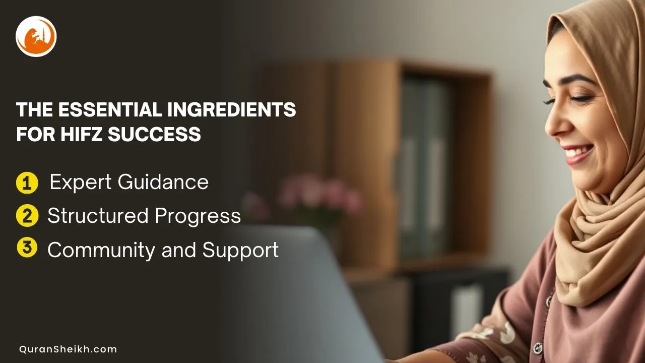 The Essential Ingredients for Hifz Success: Key Factors in Quran Memorization Essential ingredients for Hifz success: focused student memorizing Quran with teacher guidance, structured schedule, and supportive environment