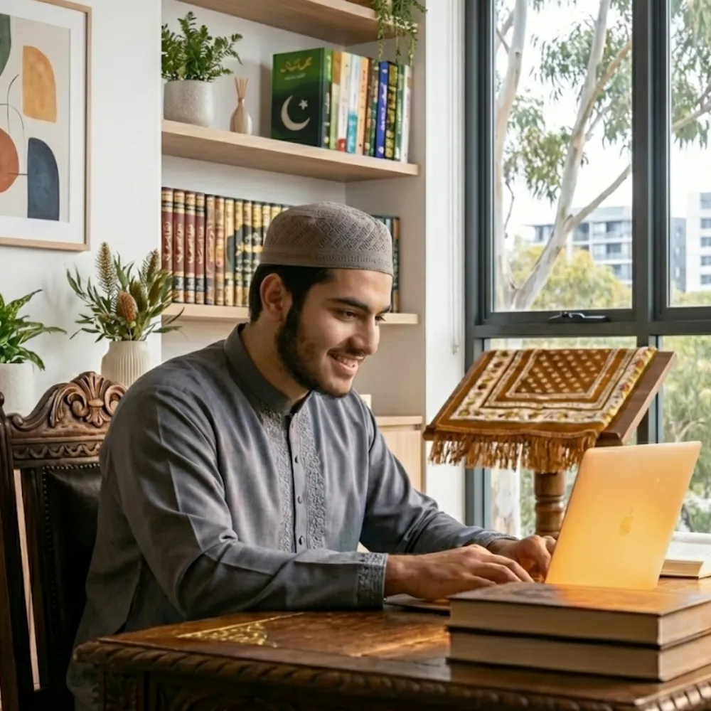 Quran Sheikh Institute | Online Quran & Arabic Academy 15 A professional Muslim man focused on his Quran memorization lesson through a laptop in a library setting with Islamic books in the background.