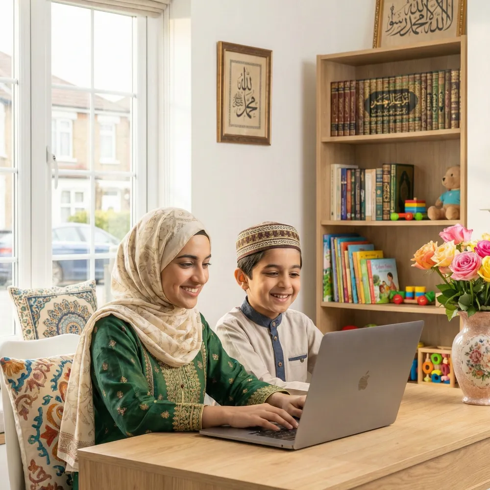 Quran Sheikh Institute | Online Quran & Arabic Academy 1 Two happy Muslim children, a boy and a girl, smiling while learning Quran online using a laptop in a bright, modern home environment.