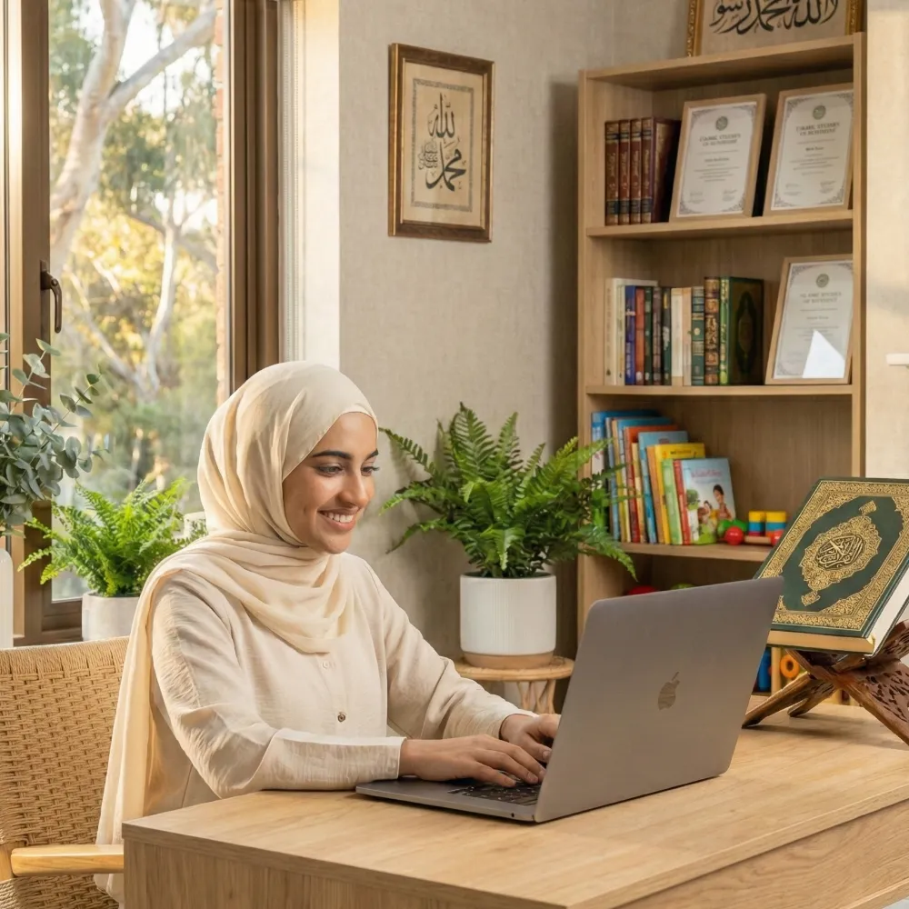 Quran Sheikh Institute | Online Quran & Arabic Academy 14 A smiling Muslim woman wearing a hijab, studying Quran with Tajweed rules on her laptop at home, with a wooden Quran stand nearby.